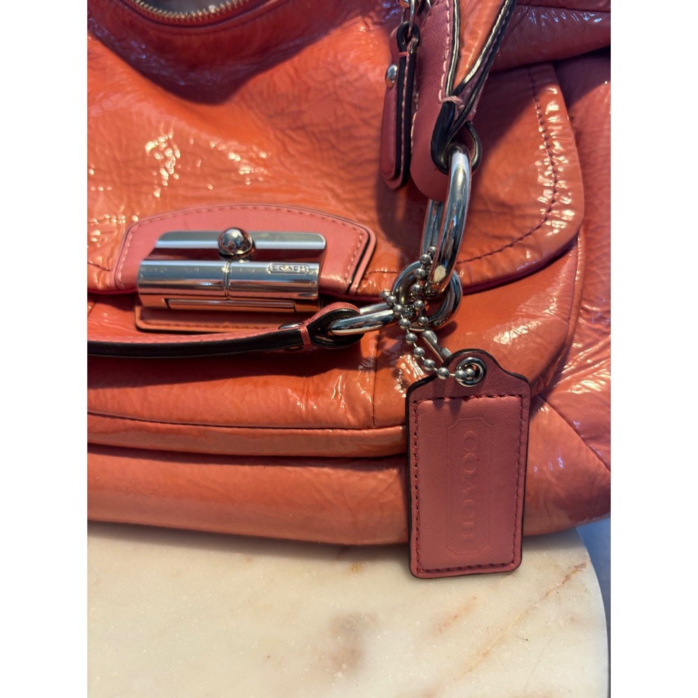 Coach Coral Pink Crinkled Patent Leather Hobo Shoulder Bag Turnlock Pink Bag - Picture 8 of 11